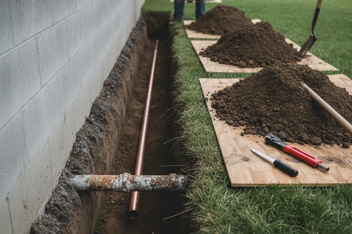 Excavated water line trench during Water Heater Repair in Deferiet